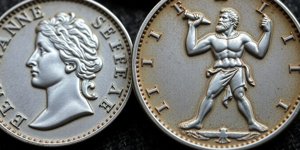 Pièces d'argent de 5 francs Semeuse et 10 francs Hercule.