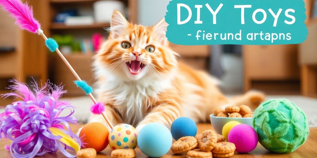 Cat playing with DIY toys in a cozy home.