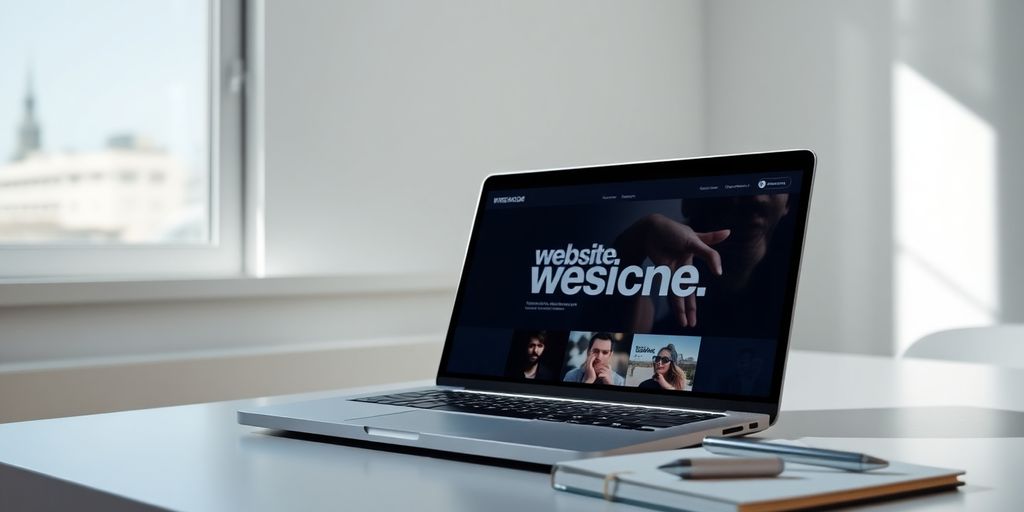 Laptop showing website design in a bright, modern workspace.