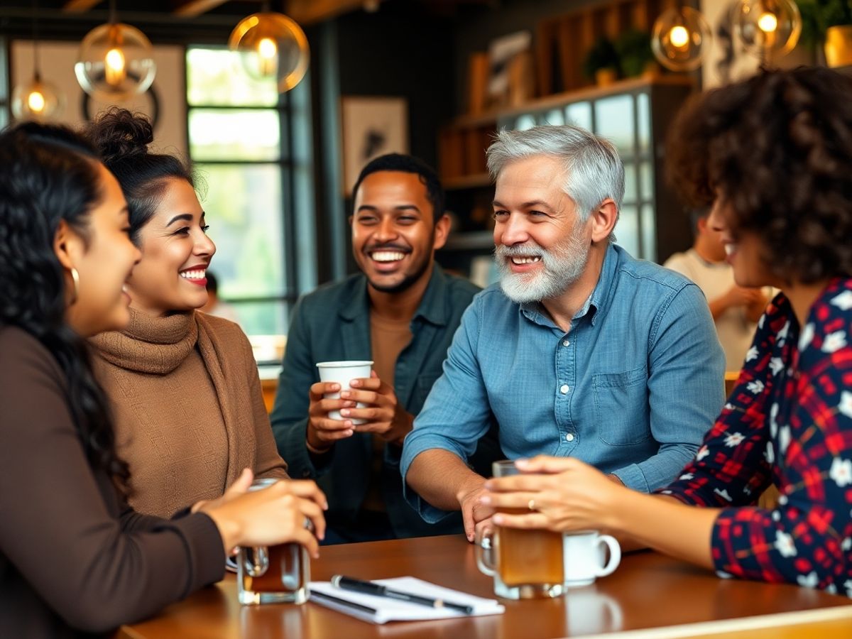 Persoane discutând într-un cadru confortabil și prietenos.