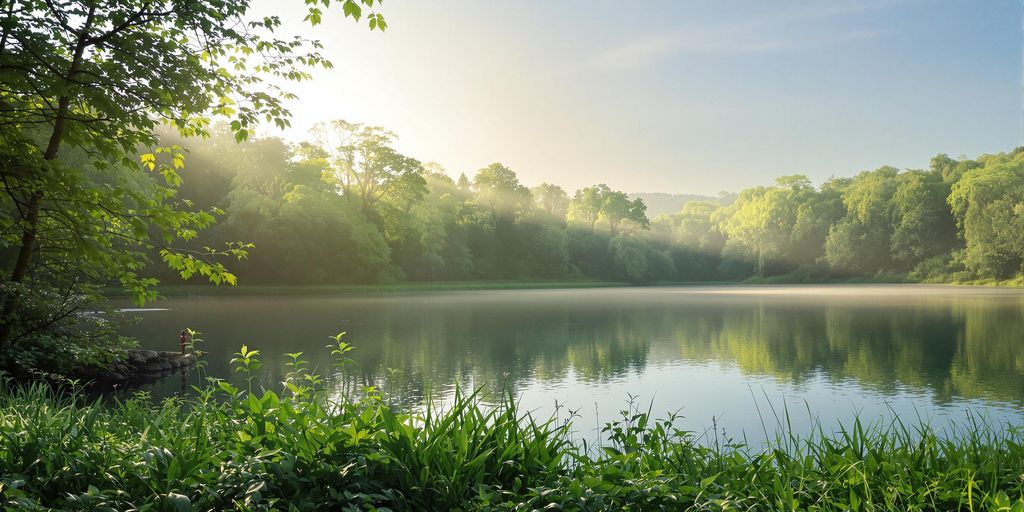 Calm lake in a lush green landscape at sunset.