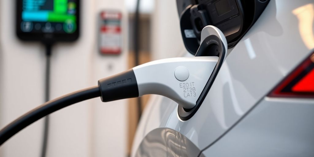 Electric vehicle charging at a station with a cable.