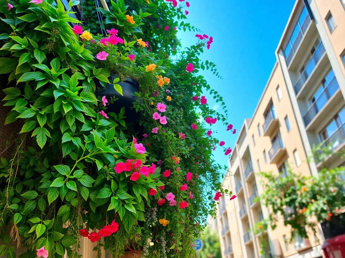 Grădină suspendată urbană plină de plante verzi vibrante.