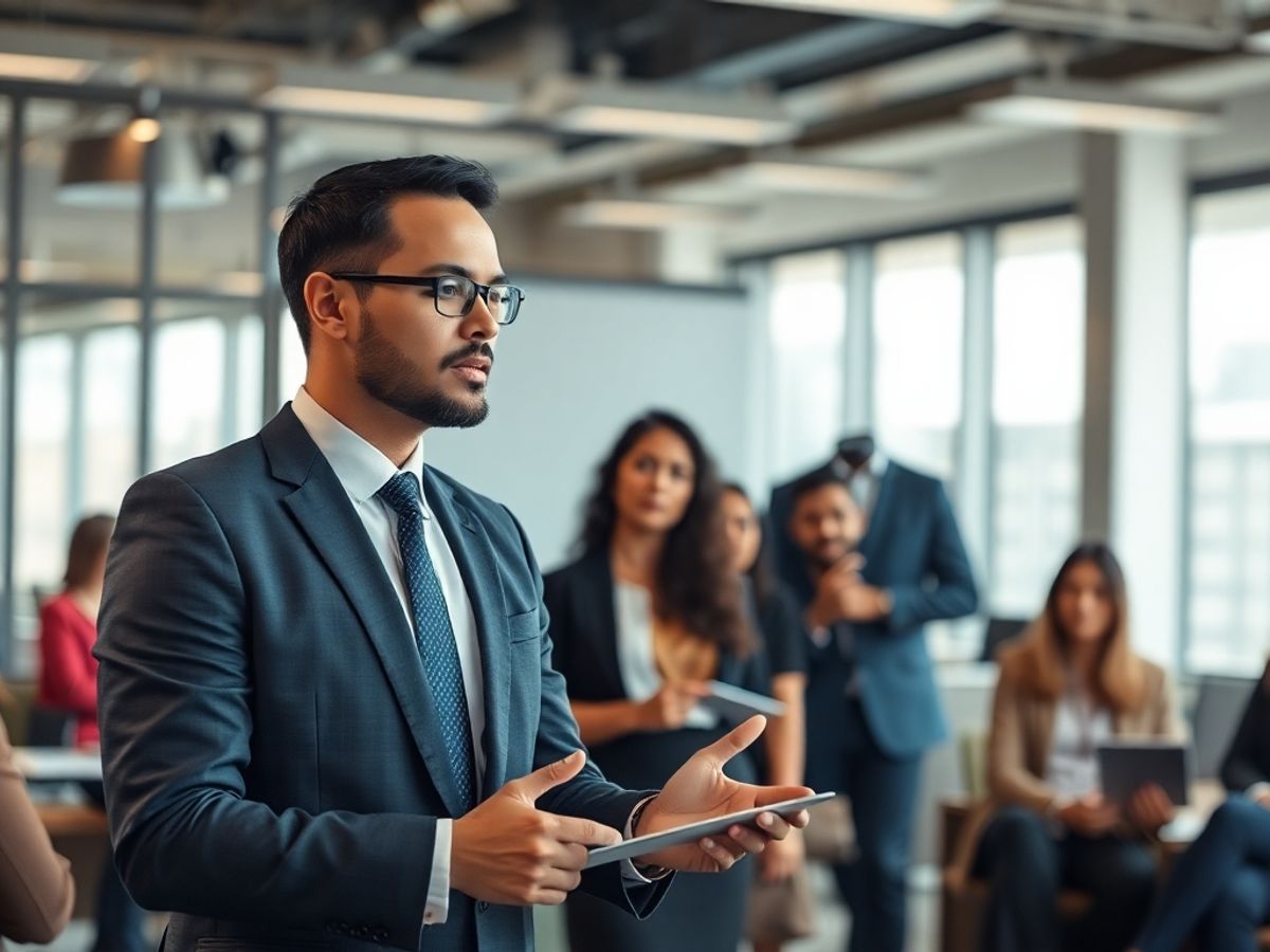 Avocat discutând cu colegi într-un birou modern.