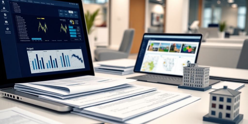 Project documents, laptop, and building models.