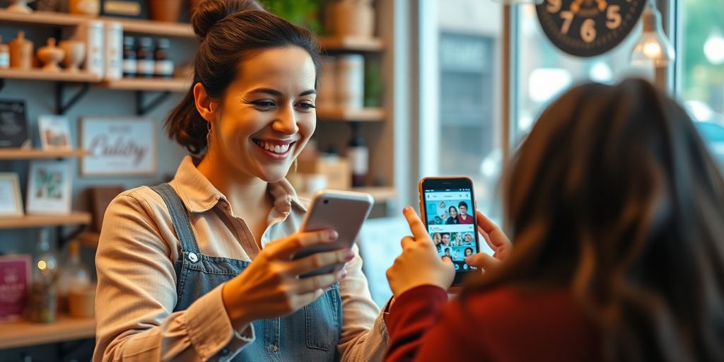 Local business owner using smartphone for social media engagement.