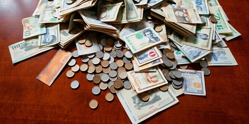Billets froissés et pièces de monnaie dispersés sur une table.