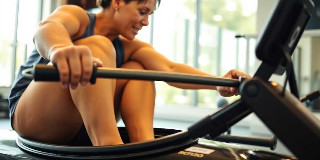 Person exercising on an indoor kayak machine in gym.