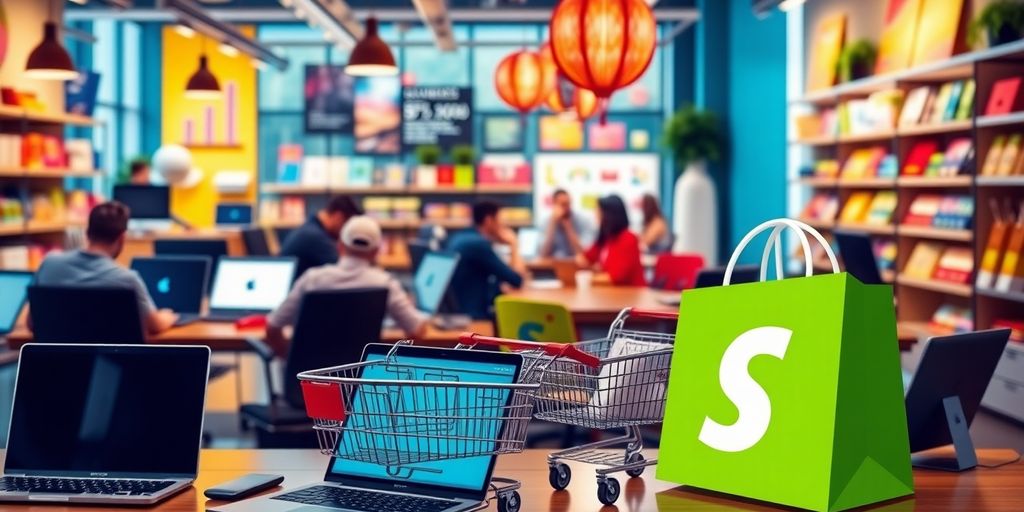 E-commerce workspace with laptops and vibrant product displays.