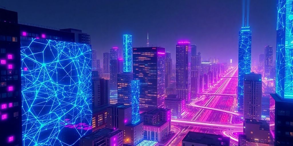 AI cityscape with glowing neural networks.