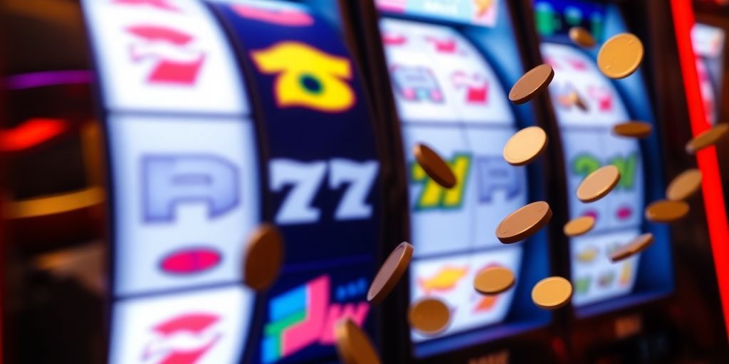 Golden coins cascading from a slot machine.