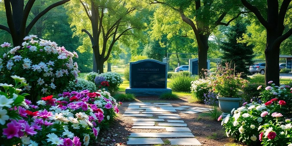 Serene memorial garden with flowers and sunlight.