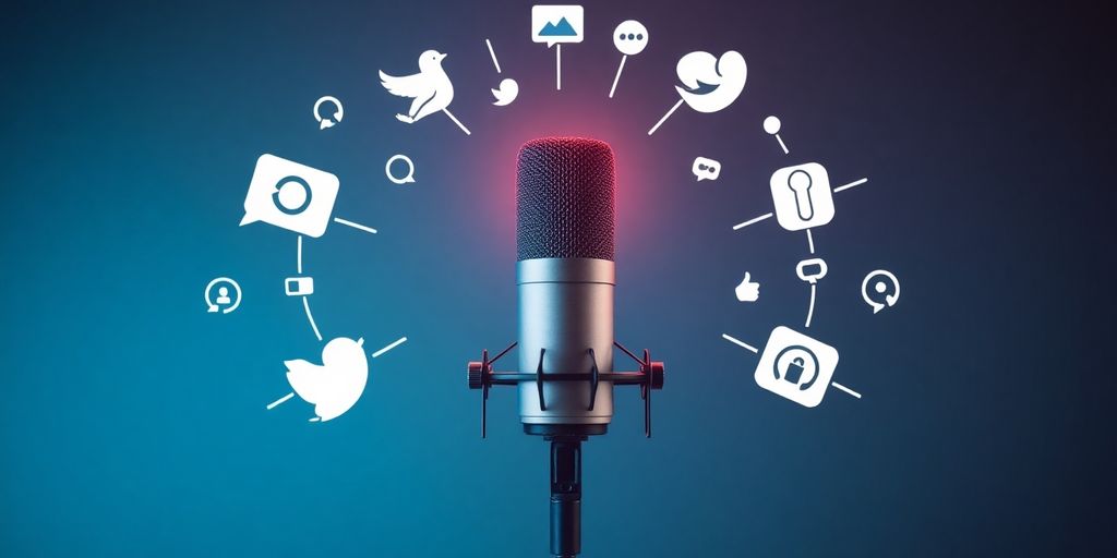 Podcast microphone surrounded by vibrant social media icons.