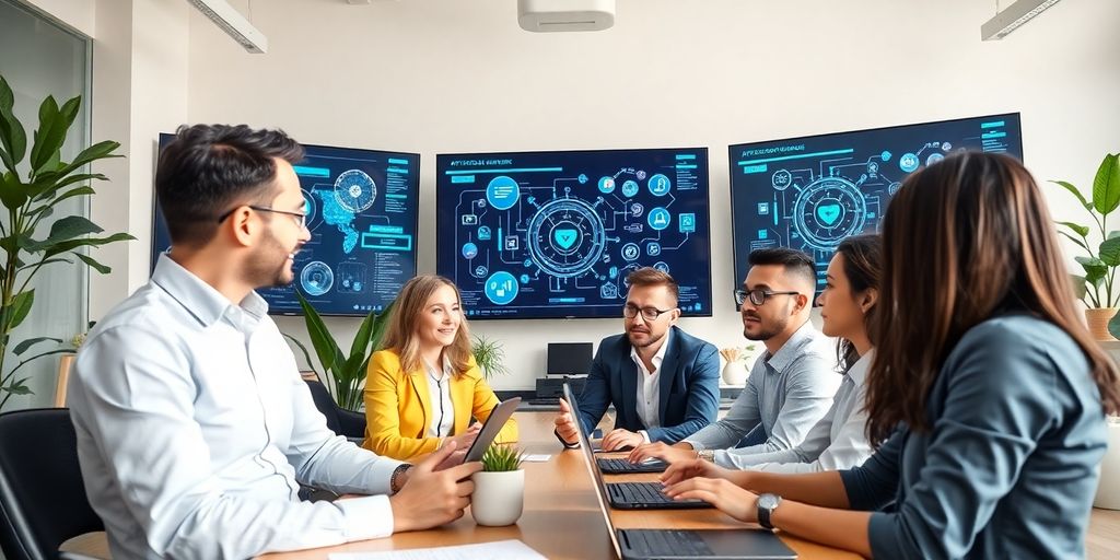 Profissionais colaborando em um escritório moderno e tecnológico.