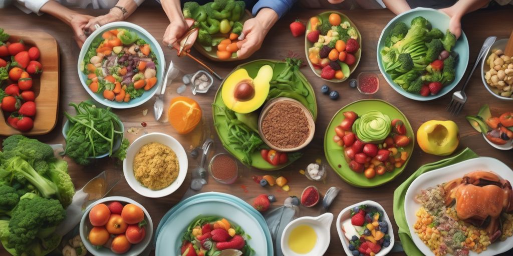 healthy meal plan for diabetes with food illustrations and people discussing diet