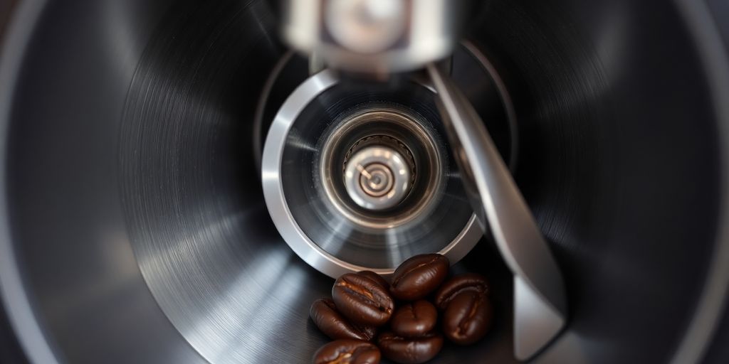 Close-up of conical burrs inside Kinu M47 coffee grinder.
