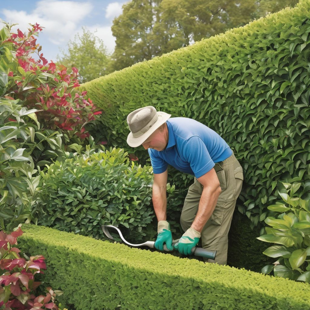 gardener trimming hedges in a garden