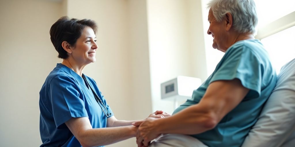 Nurse helping an elderly patient in a hospital.