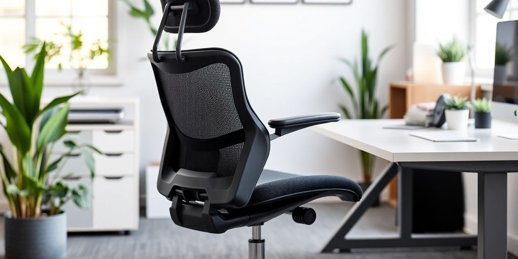 Modern ergonomic desk chair in a bright office setting.
