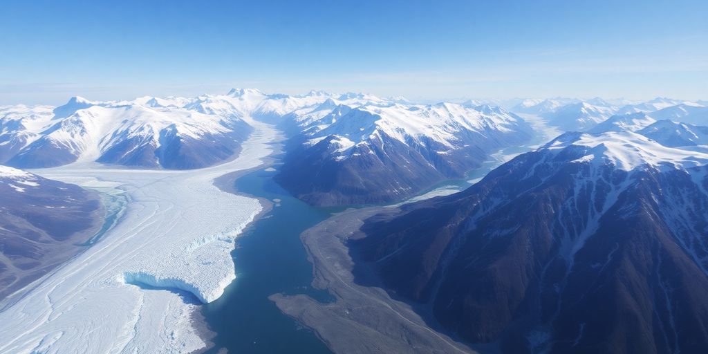 A helicopter flies over vast, snow-covered Alaskan mountains.
