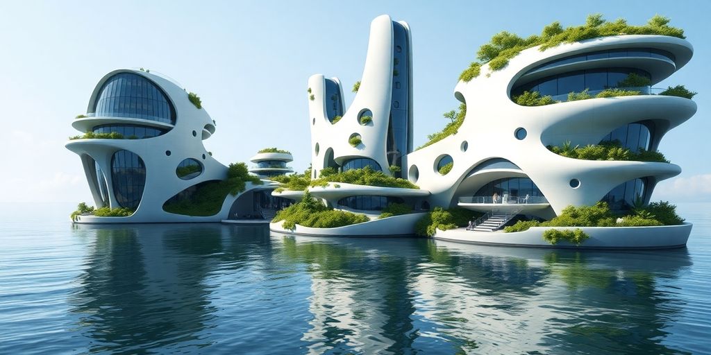 Ville flottante futuriste sur l'eau, architecture éco-responsable.