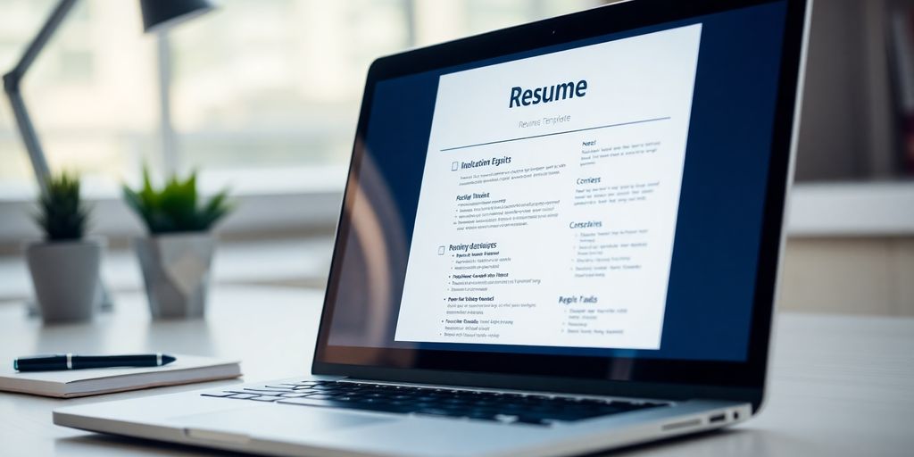 Laptop with resume on screen, professional desk setup.
