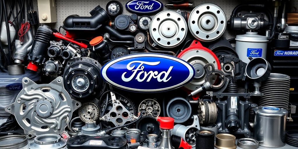 A variety of Ford auto parts on a workbench.