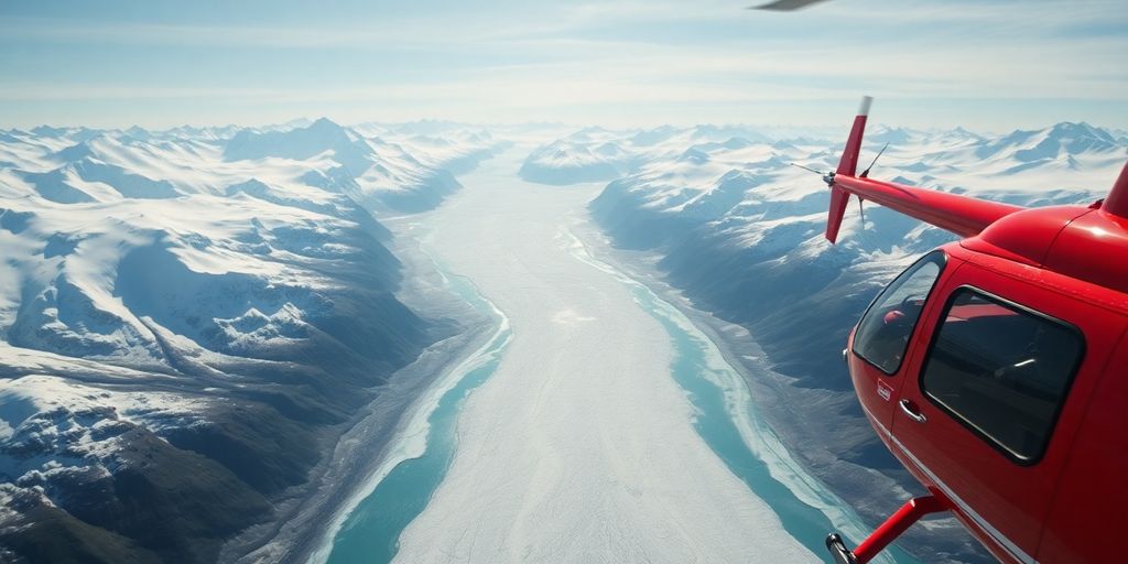 A red helicopter flies over vast Alaskan glaciers and mountains.