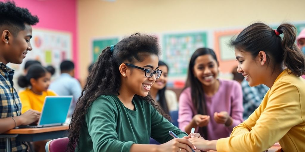 Students interacting with AI tools in a colorful classroom.