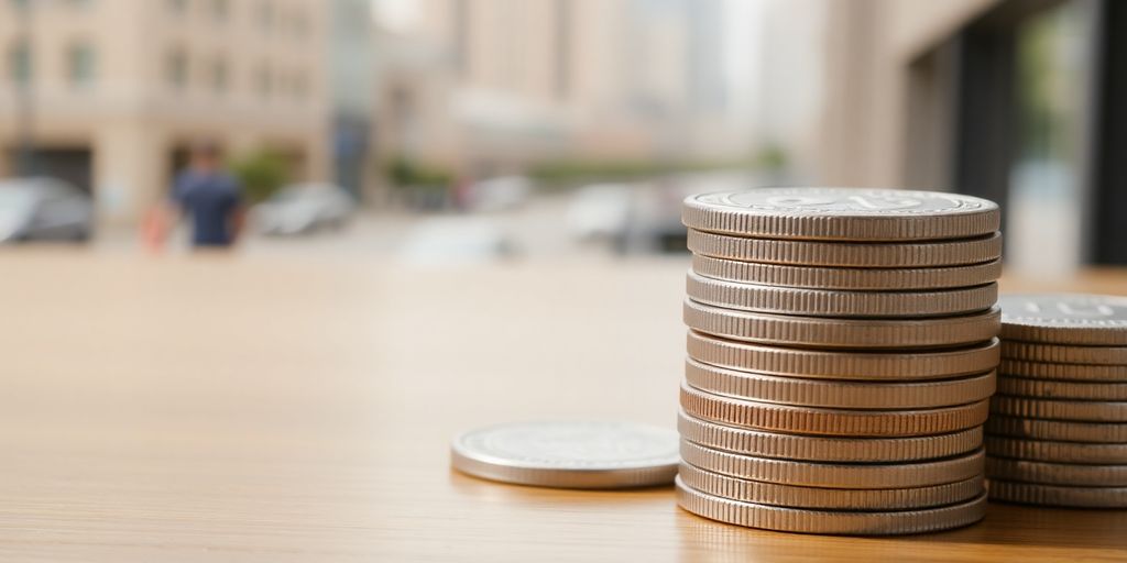 عملات فضية مكدسة على طاولة خشبية.