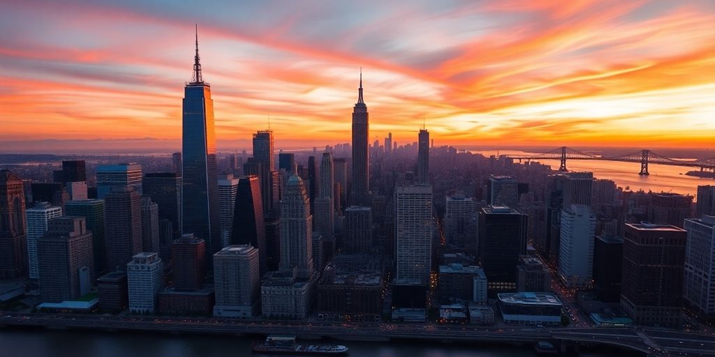 Paisagem icônica de Nova York ao pôr do sol.