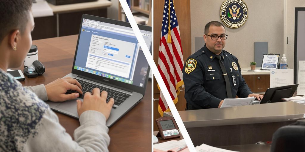 Person using laptop for vehicle registration renewal.