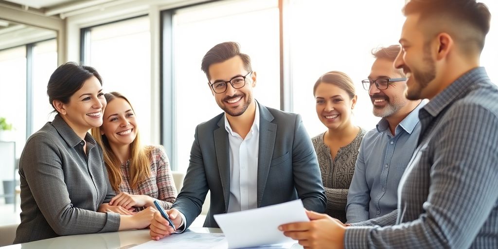 Professional, confident real estate broker with clients.