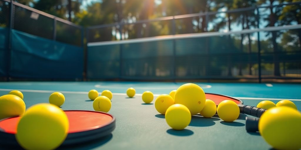 Pickleball paddles and balls on a court.