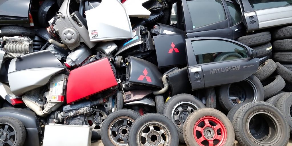 Mitsubishi car parts laid out for sale.