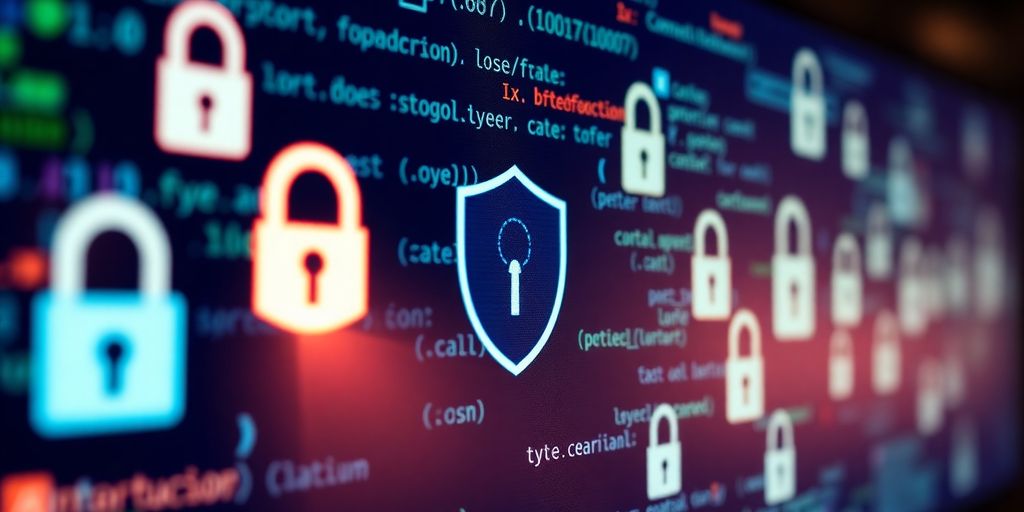 Computer screen with cybersecurity software and digital locks.