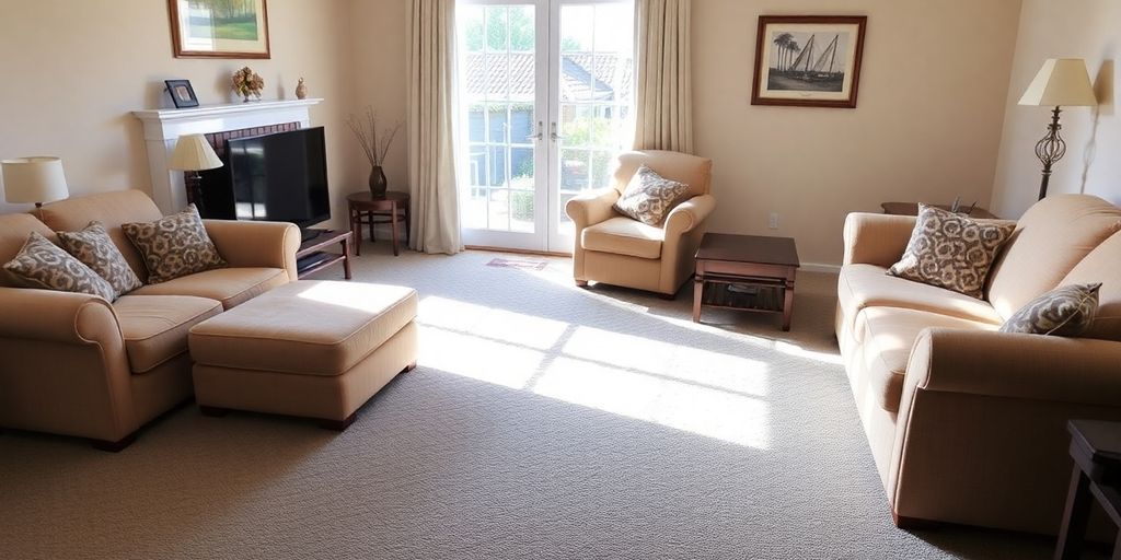 Bright living room with clean carpets and upholstery.