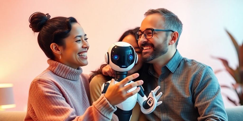 Couple enjoying time with a friendly AI girlfriend.