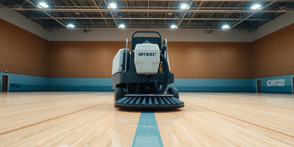 Close-up, buffing machine on wooden floor.