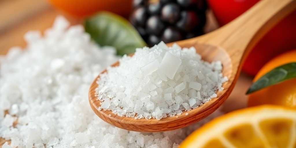Close-up of erythritol crystals on a wooden spoon.