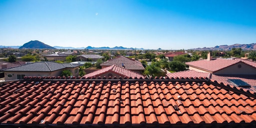 Colorful Tucson rooftops with blue sky background.