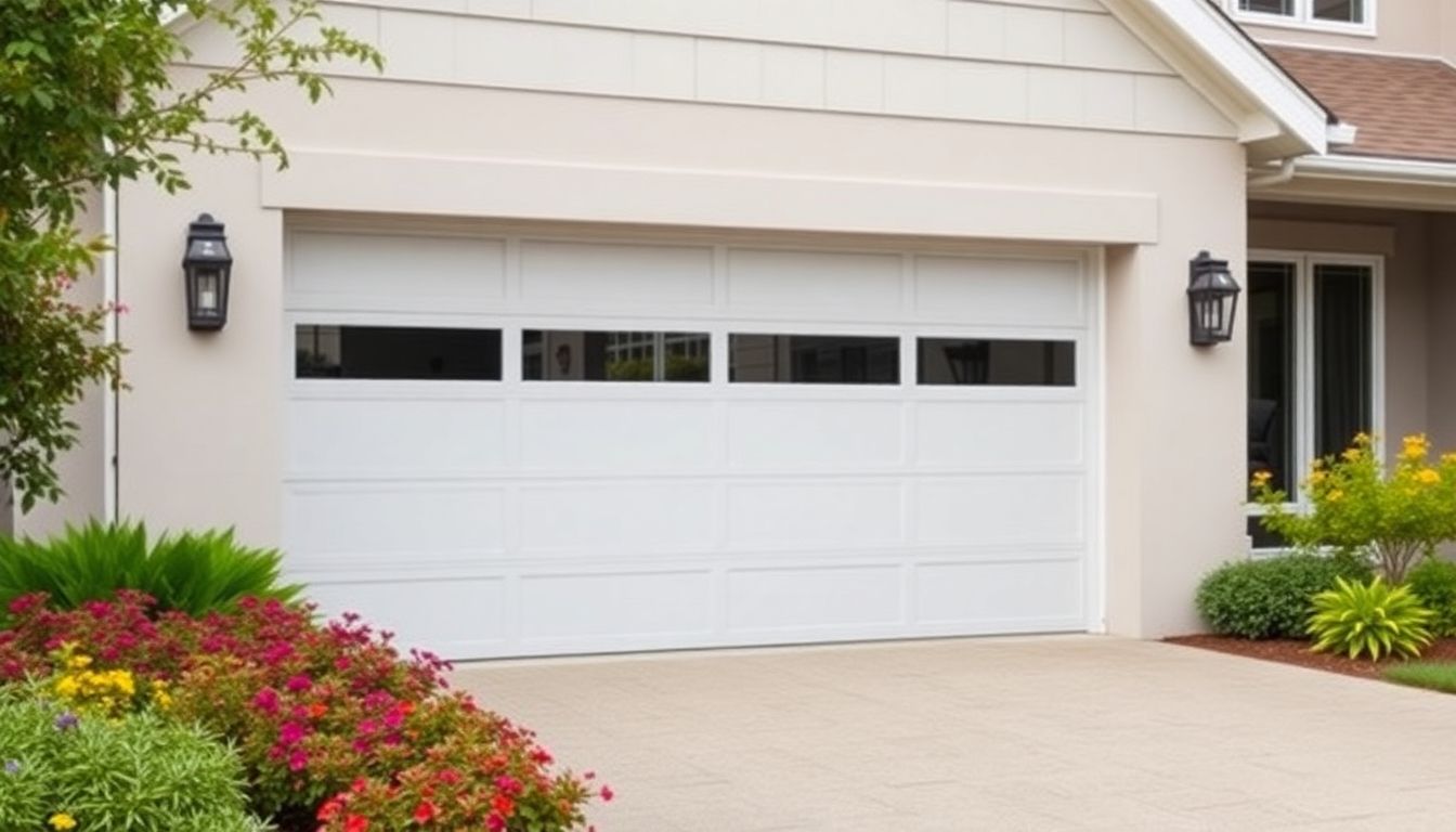 Modern garage door with vibrant landscaping.