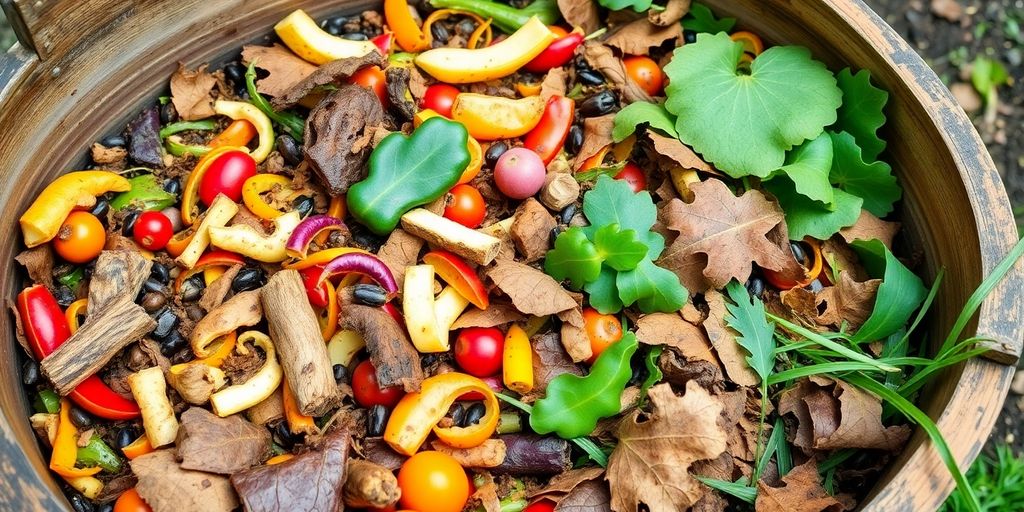 Frische Küchenabfälle und Gartenabfälle in einem Kompostbehälter.