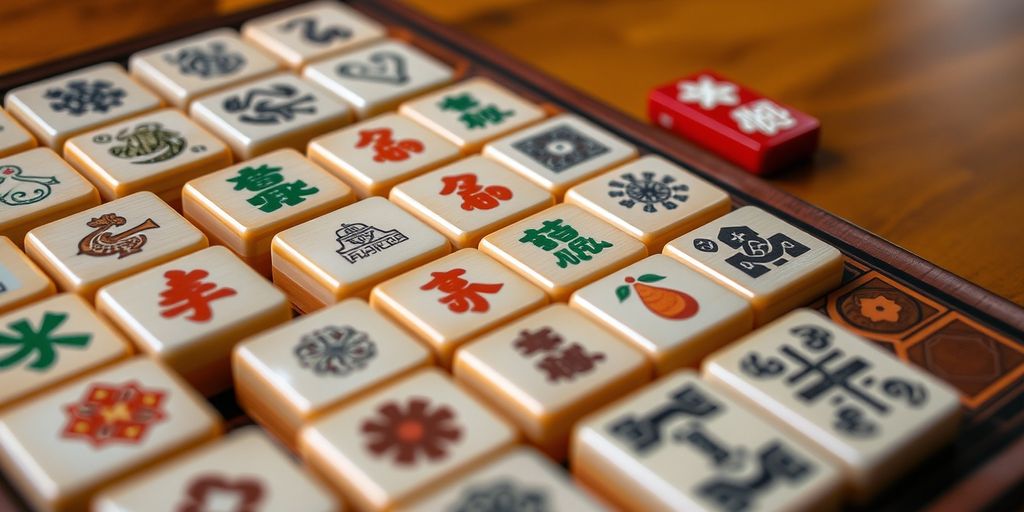 Close-up of a Mahjong set with intricate tile designs.