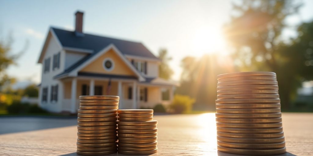 House with stacked coins and a retirement sun.