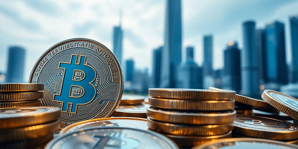 Photographic image of digital currency coins with cityscape.