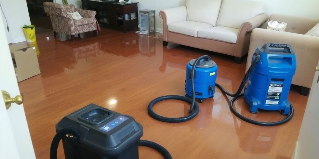 Flooded room with water removal tools visible.