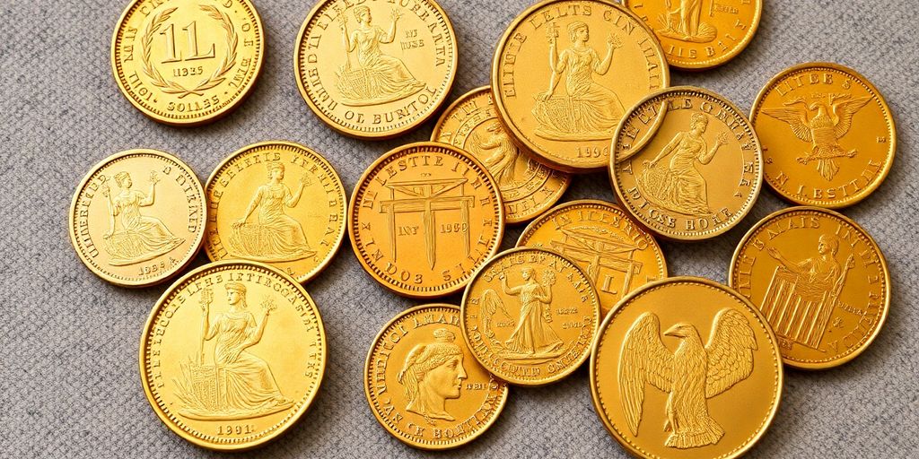 Collection de pièces d'or historiques sur une surface texturée.