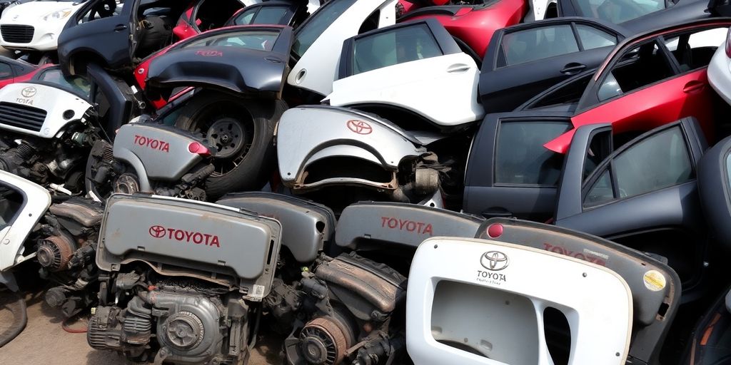 Toyota car parts piled up at a wrecking yard.