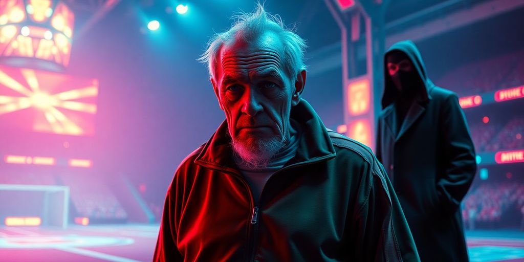 Old man in green tracksuit, masked figure, game arena.